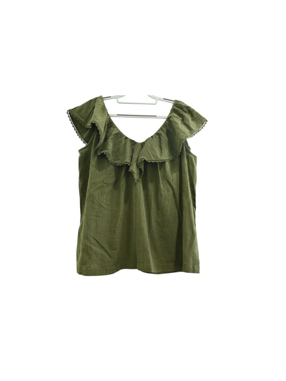 NWT LOFT Ruffle Blouse Sz L Green Olive Crinkle Gauze Sleeveless Peasant Top
